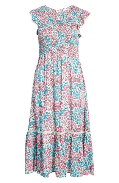 Lost + Wander Blossom & Bloom Floral Smocked Dress In Blue Pink Floral