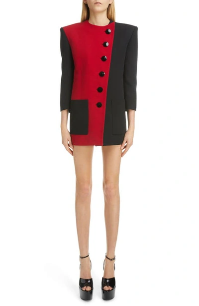 Shop Saint Laurent Asymmetric Colorblock Wool Minidress In Noir Rouge