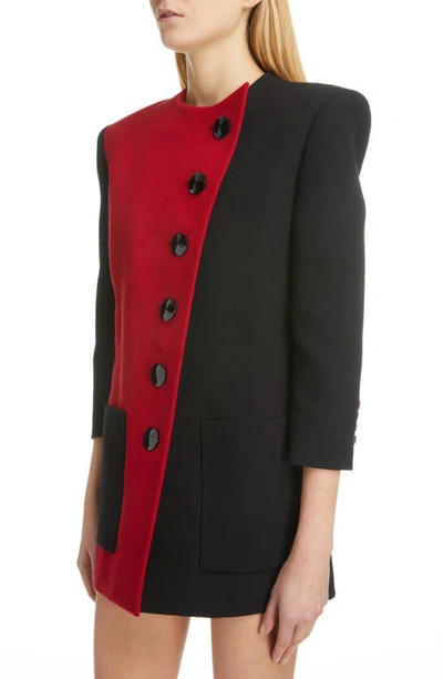 Shop Saint Laurent Asymmetric Colorblock Wool Minidress In Noir Rouge