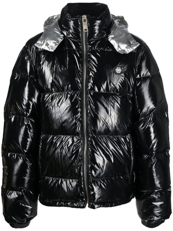 Philipp Plein logo-print padded leather jacket - Black