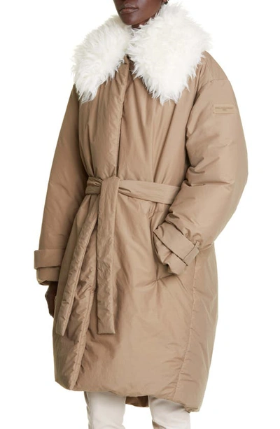 Shop Stella Mccartney Oversize Faux Fur Trim Coat In Taupe