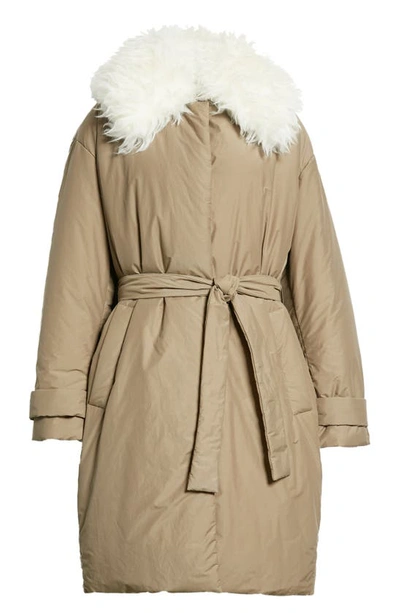 Shop Stella Mccartney Oversize Faux Fur Trim Coat In Taupe