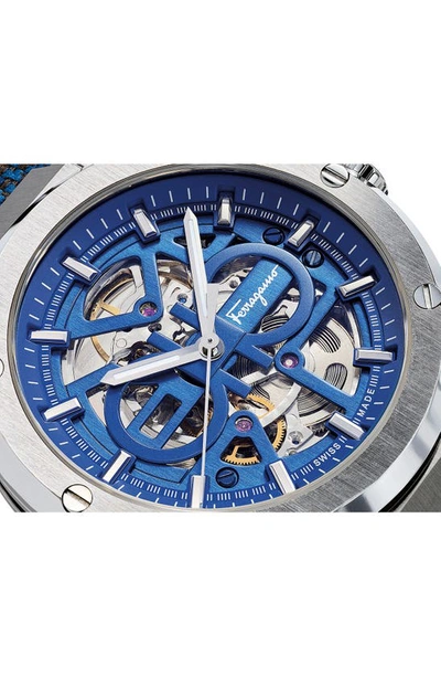 Shop Ferragamo F-80 Skeleton Limited Edition Fabric Strap Watch, 41mm In Steel Blue