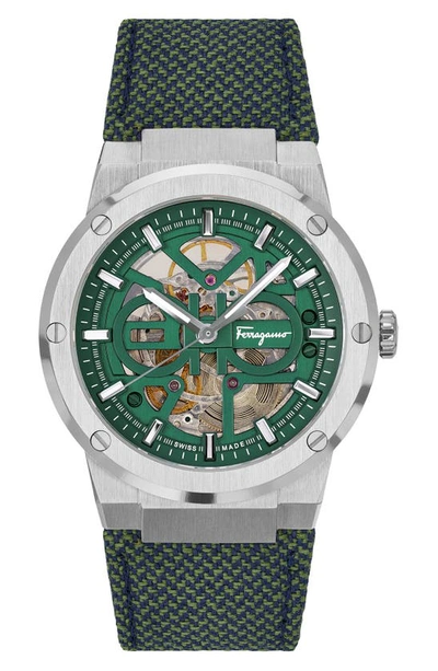 Shop Ferragamo F-80 Skeleton Limited Edition Fabric Strap Watch, 41mm In Steel Green
