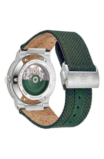 Shop Ferragamo F-80 Skeleton Limited Edition Fabric Strap Watch, 41mm In Steel Green