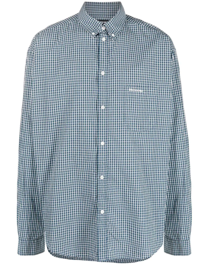Shop Balenciaga Grid-patterned Long-sleeved Shirt In Blue