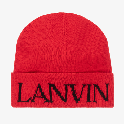 Shop Lanvin Boys Red Logo Knit Beanie