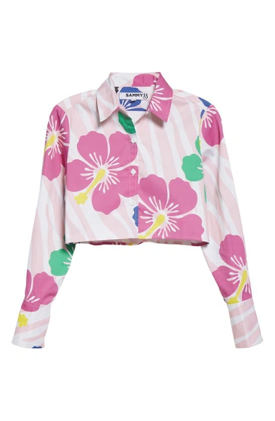 Shop Sammy B Tati Floral Print Crop Cotton Button-up Shirt In Pink