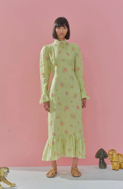 Shop Alemais Clementine Floral Long Sleeve Linen Maxi Dress In Lime