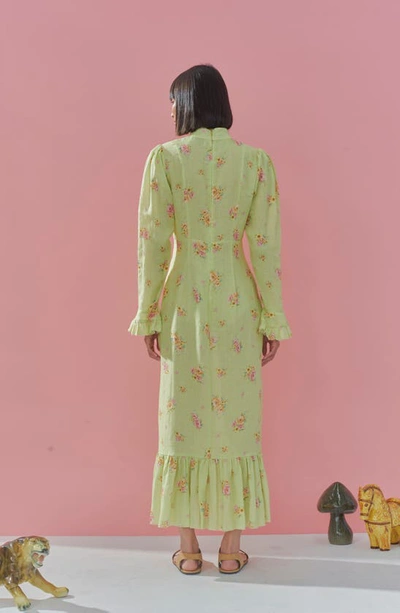 Shop Alemais Clementine Floral Long Sleeve Linen Maxi Dress In Lime