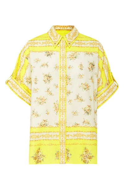 Shop Alemais Catalina Floral Border Print Cotton & Linen Shirt In Lemon