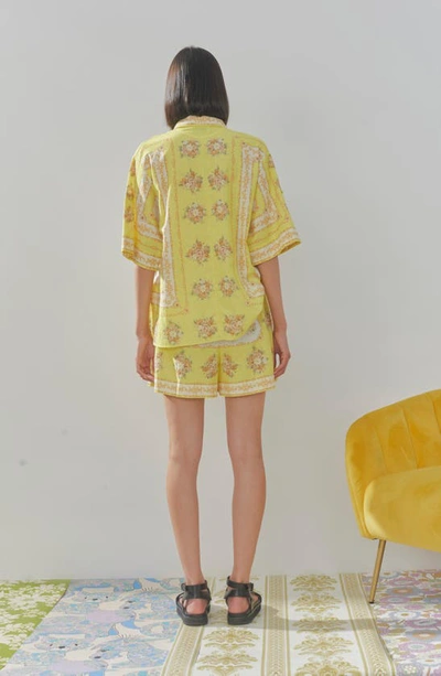 Shop Alemais Catalina Floral Border Print Cotton & Linen Shirt In Lemon