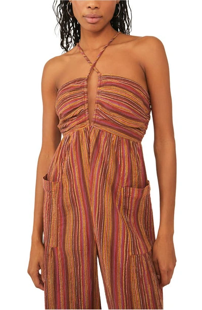 Shop Free People Sundaze For Surfin Halter Jumpsuit In Red Clay Combo
