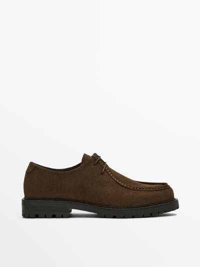 Shop Massimo Dutti Split Suede Shoes With A Moc Toe In Tan