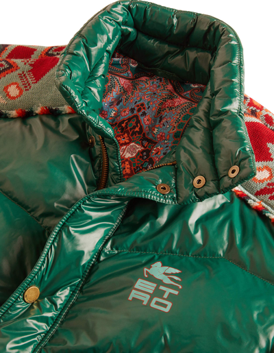 Shop Etro Man Green Short Down Jacket With Carpet Knit Details In Verde