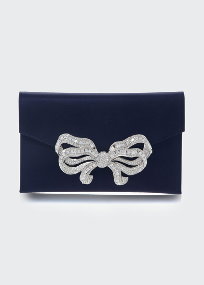 Shop Judith Leiber Crystal Bow Satin Envelope Clutch Bag In Navy