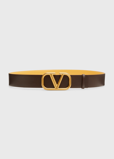 Shop Valentino Vlogo Reversible Box Leather Belt In Golden Yellow