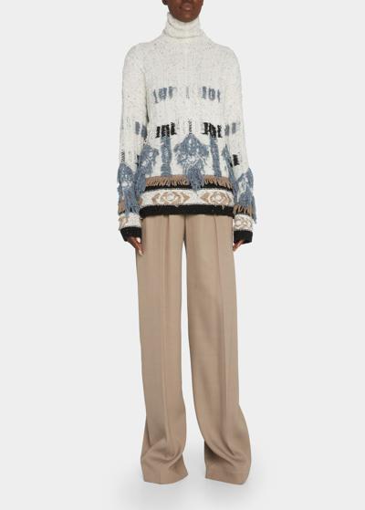 Shop Altuzarra Nanna Ikat Fringe Turtleneck Cashmere Sweater In Ivory Multi