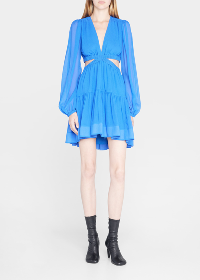 Shop A.l.c Izzy Ii Pleated Long-sleeve Cut-out Mini Dress In Cobalt