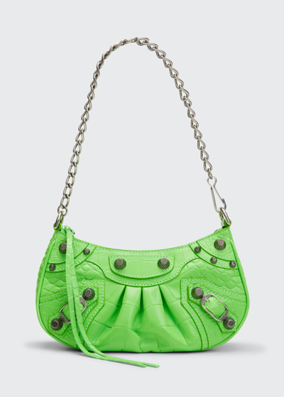 Shop Balenciaga Le Cagole Mini Croc-embossed Shoulder Bag In 3817 Acid Green