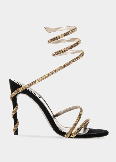 Shop René Caovilla Cleo 105mm Strass Snake-wrap Sandals In Gold Satinblack S