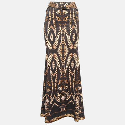 Pre-owned Roberto Cavalli Brown Leopard Printed Cotton Belted Maxi Skirt S