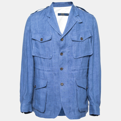 Pre-owned Polo Ralph Lauren Blue Linen Side Slit Button Front Jacket Xs