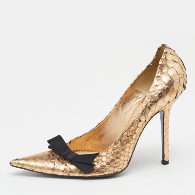 Pre-owned Chloé Metallic Gold Python Leather Bow Detail Pointed Toe Pumps Size 38.5