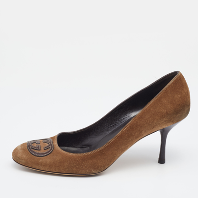Pre-owned Gucci Brown Suede Interlocking G Round Toe Pumps Size 39.5