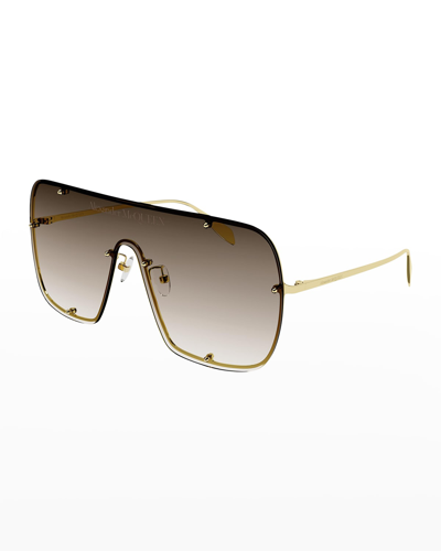 Shop Alexander Mcqueen Studded Logo Metal Shield Sunglasses In 002 Light Gold