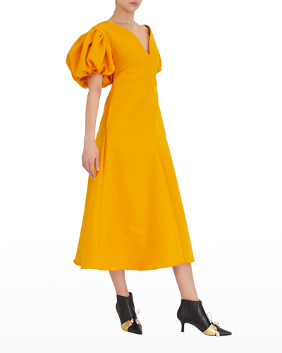 Shop Rosie Assoulin Wind In Your Sails Faille Puff-sleeve Midi Dress In Yellow