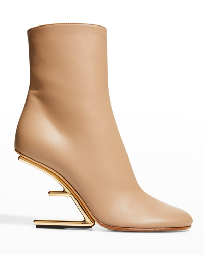Shop Fendi Lambskin Metallic F-heel Ankle Booties In F0qb7 Caramello