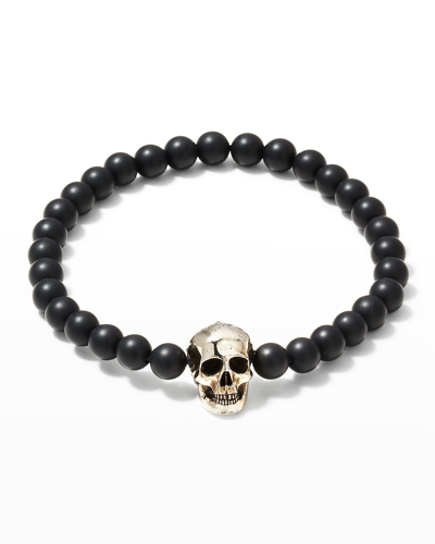Shop Alexander Mcqueen Men's Skull Head Beaded Bracelet In Black Silver