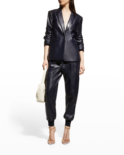 Shop Cinq À Sept Kylie Faux-leather Scrunched-sleeve Jacket In Navy