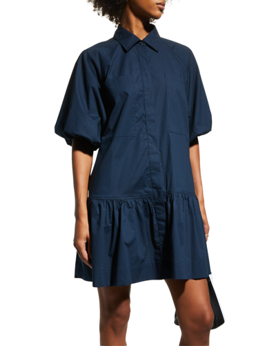 Shop Jonathan Simkhai Standard Chrissy Puff-sleeve Cotton Poplin Mini Shirtdress In Midnight