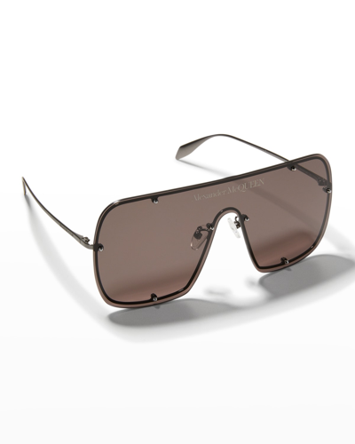 Shop Alexander Mcqueen Studded Logo Metal Shield Sunglasses In 001 Ruthenium