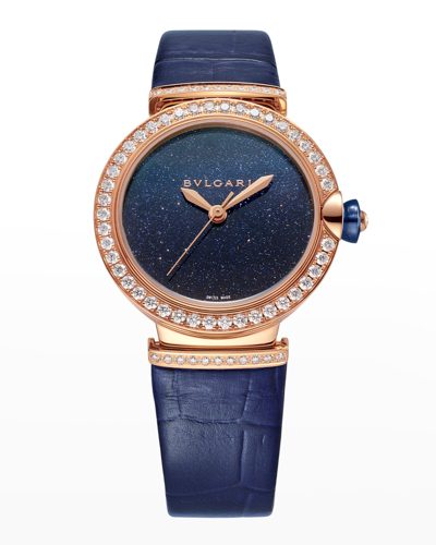 Shop Bvlgari Lvcea 33mm Rose Gold Aventurine Watch With Diamonds And Blue Alligator Strap