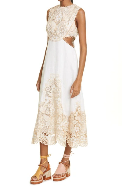 Shop Zimmermann Embroidered Lace Cutout Detail Linen Midi Dress In Ivory