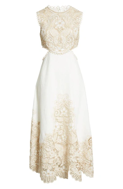 Shop Zimmermann Embroidered Lace Cutout Detail Linen Midi Dress In Ivory