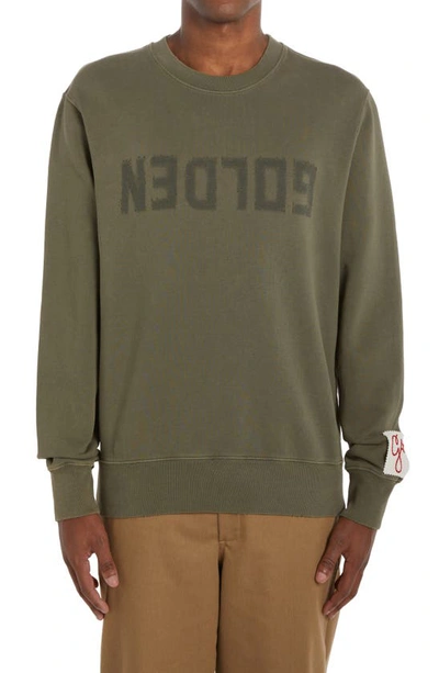 Golden Goose Crew Neck Archibald Sweatshirt With Vintage Logo In Dusty Olive