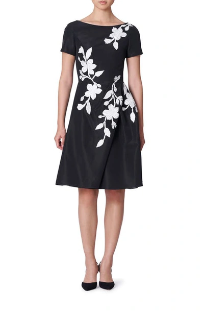 Shop Carolina Herrera Floral Embellished Bateau Neck Silk Dress In Black-white