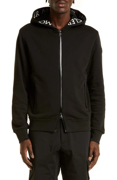 Shop Moncler Logo Tape Cotton Zip Hoodie In Black