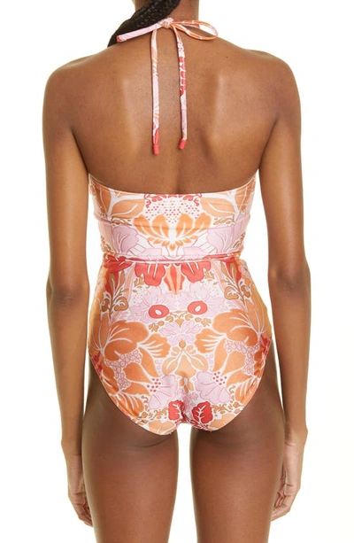 Shop Zimmermann Floral Print Ruched One-piece Swimsuit In Coral Floral