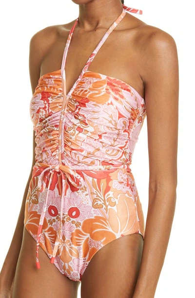 Shop Zimmermann Floral Print Ruched One-piece Swimsuit In Coral Floral
