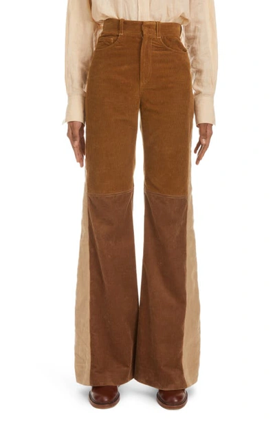 Shop Chloé High Waist Patchwork Corduroy Pants In Off Brown