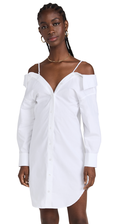 Shop Alexander Wang Off Shoulder Shirt Dress With Scrunchie Straps In Bright White
