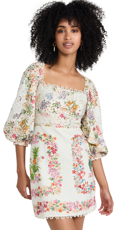 Farm Rio Guipure Lace-trimmed Floral-print Linen-blend Voile Mini Dress In Delicate  Forest Scarves | ModeSens