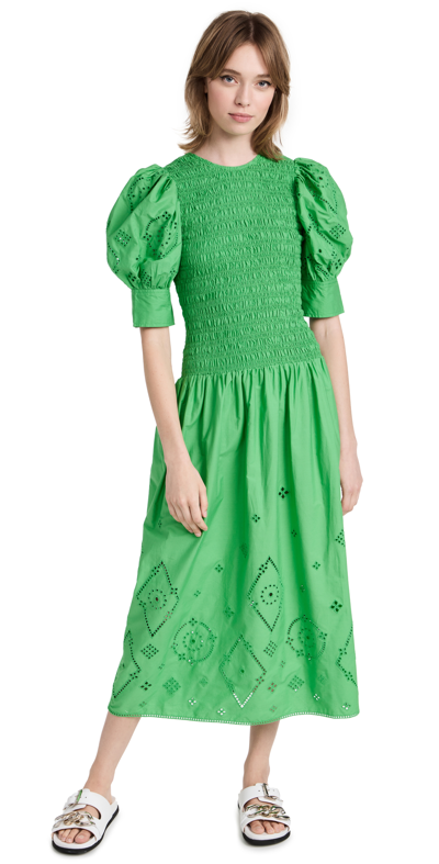 Shop Ganni Broderie Anglaise Dress In Kelly Green