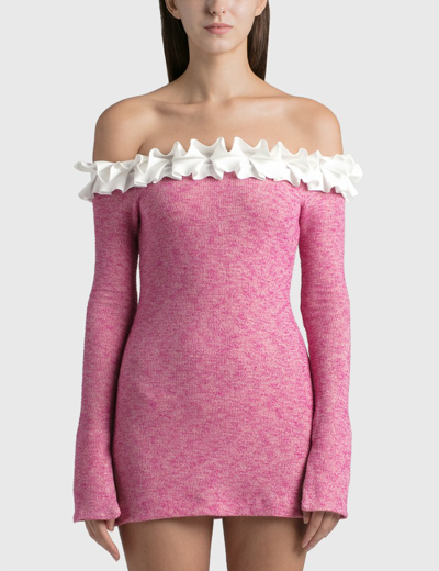 Shop Aaizél Pleated Off Shoulder Boucle Mini Dress In Pink