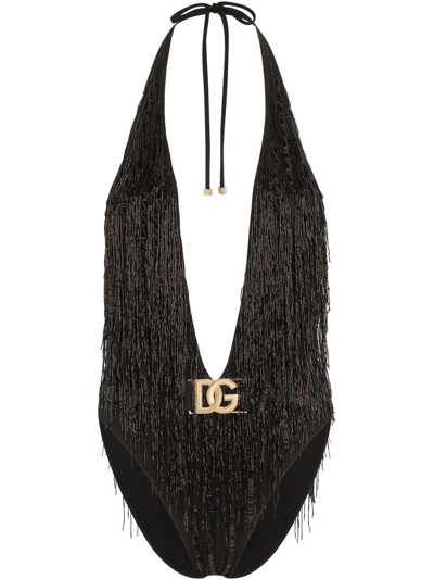 Dolce & Gabbana Logo-tag Fringed Swimsuit In Black